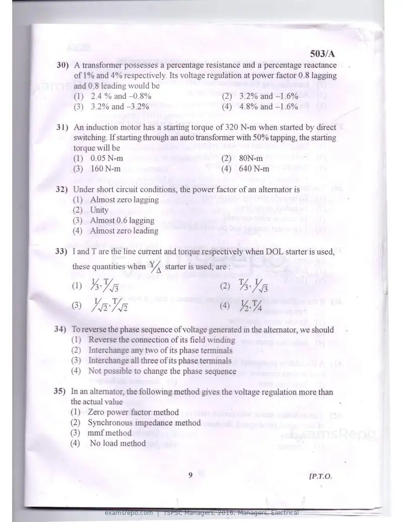 TSPSC Managers 2016 question paper, Managers, Electrical, page 6 of 23