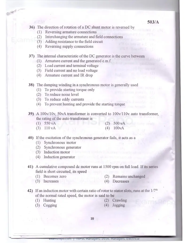 TSPSC Managers 2016 question paper, Managers, Electrical, page 7 of 23