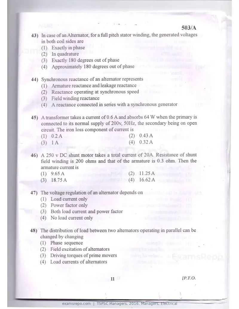 TSPSC Managers 2016 question paper, Managers, Electrical, page 8 of 23