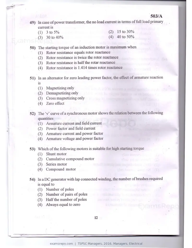 TSPSC Managers 2016 question paper, Managers, Electrical, page 9 of 23