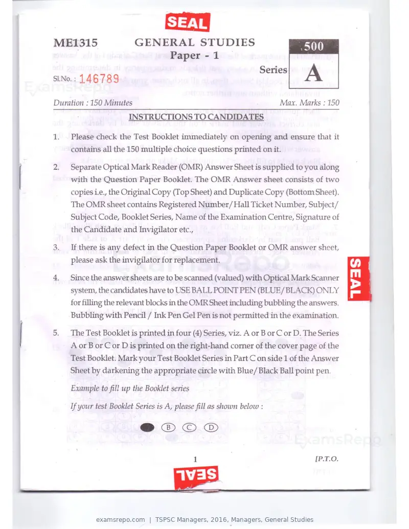 TSPSC Managers 2016 question paper, Managers, General Studies, page 1 of 38