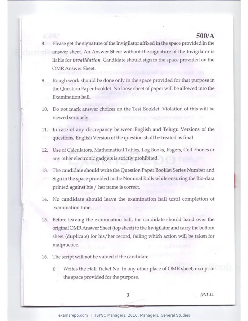 TSPSC Managers 2016 question paper, Managers, General Studies, page 3 of 38