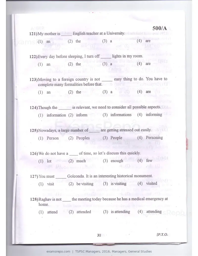 TSPSC Managers 2016 question paper, Managers, General Studies, page 31 of 38