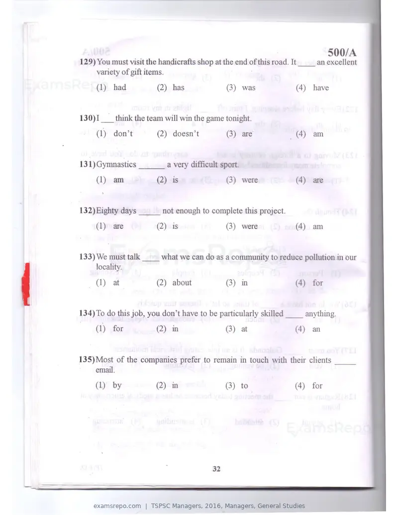 TSPSC Managers 2016 question paper, Managers, General Studies, page 32 of 38