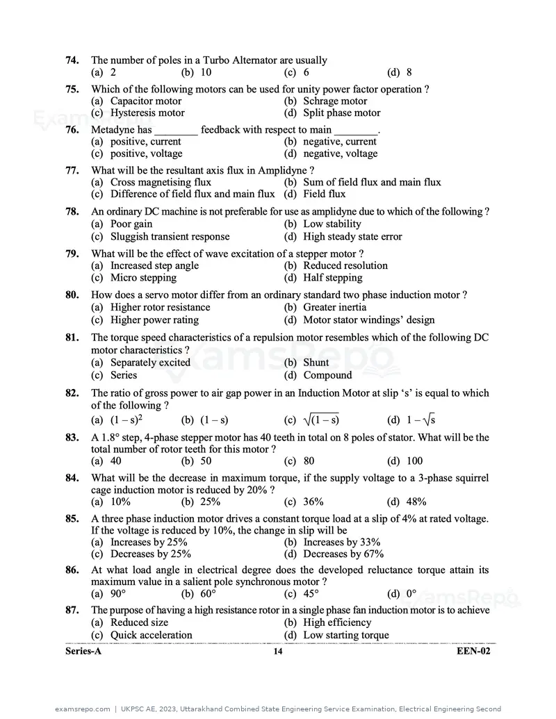 UKPSC AE 2023 question paper, Uttarakhand Combined State Engineering Service Examination, Electrical Engineering Second, page 14 of 32