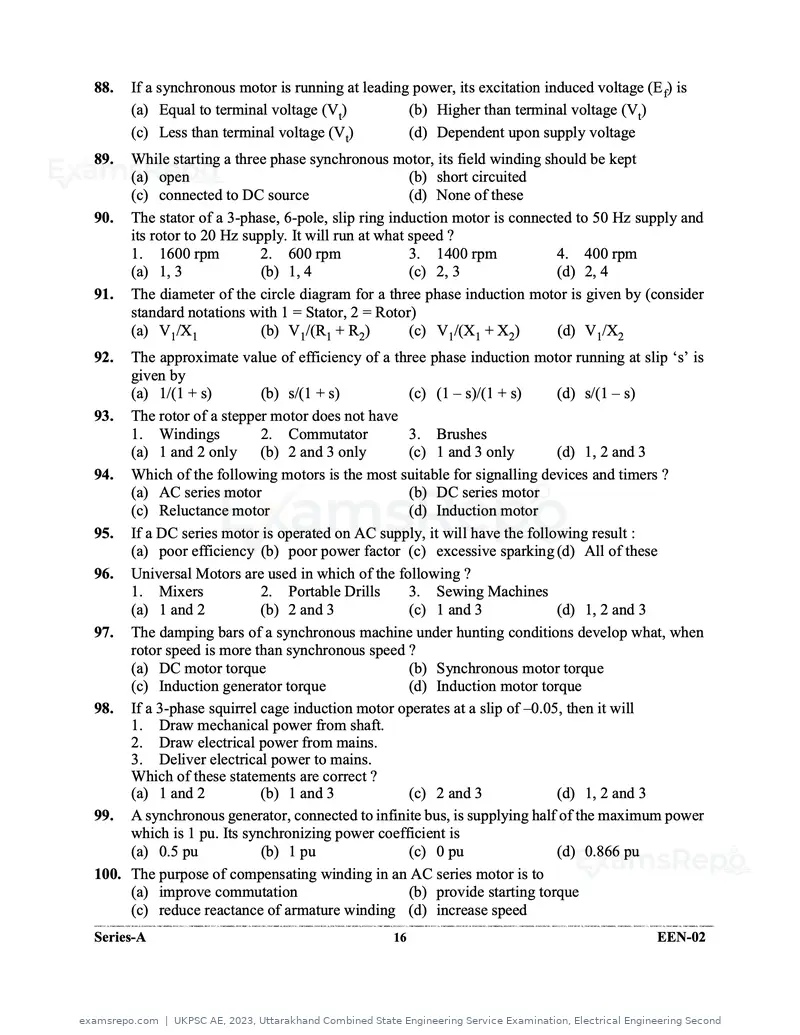 UKPSC AE 2023 question paper, Uttarakhand Combined State Engineering Service Examination, Electrical Engineering Second, page 16 of 32