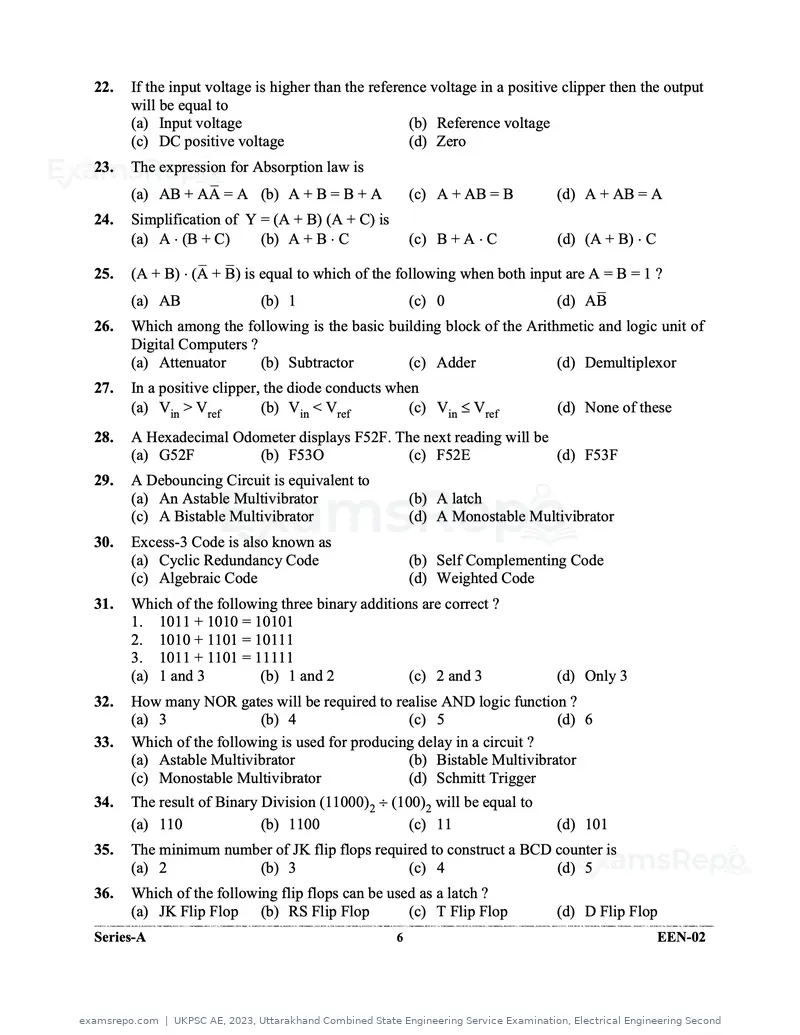 UKPSC AE 2023 question paper, Uttarakhand Combined State Engineering Service Examination, Electrical Engineering Second, page 6 of 32