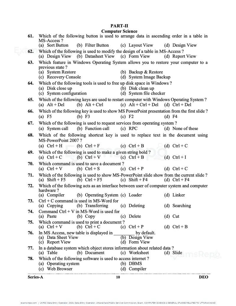 UKPSC Data Entry Operator 2023 question paper, Data Entry Operator, Uttarakhand Public Service Commission, Exam, COMPUTER SCIENCE & GENERAL STUDIES RELATED TO UTTARAKHAND, page 10 of 32