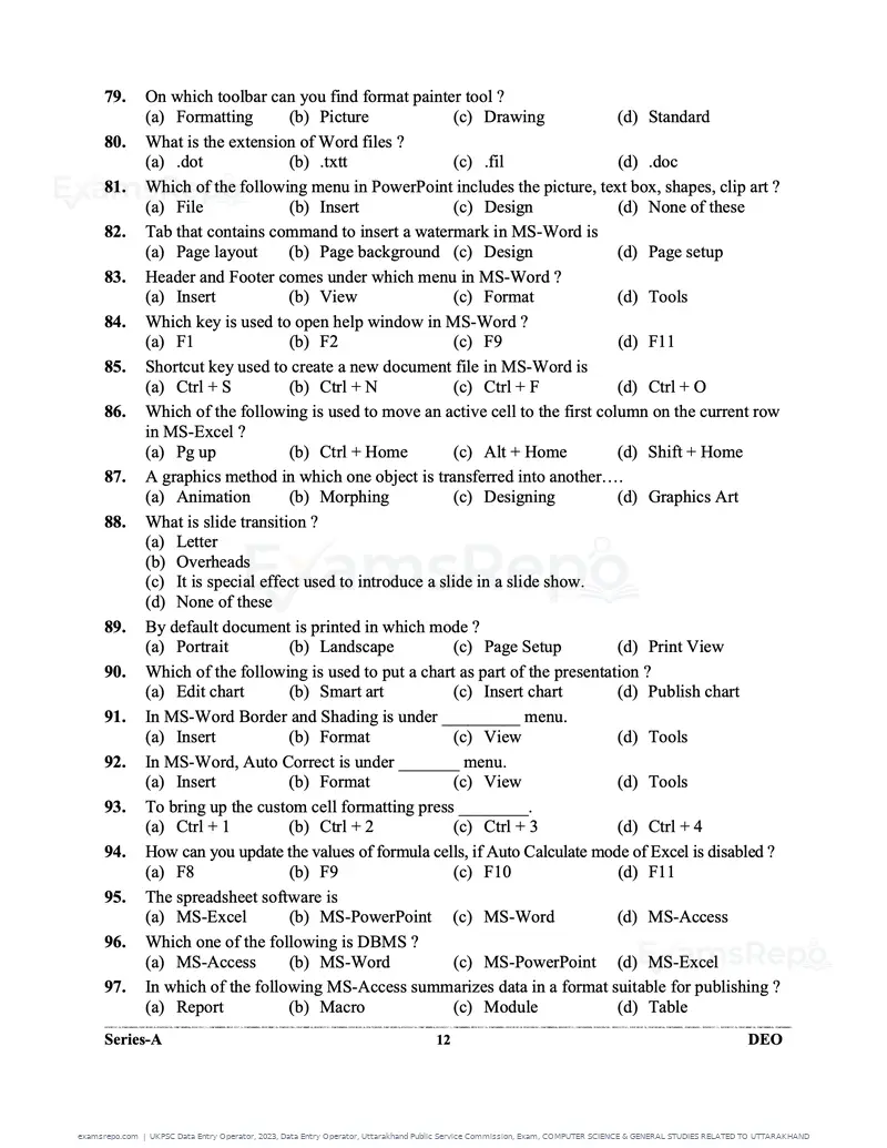 UKPSC Data Entry Operator 2023 question paper, Data Entry Operator, Uttarakhand Public Service Commission, Exam, COMPUTER SCIENCE & GENERAL STUDIES RELATED TO UTTARAKHAND, page 12 of 32