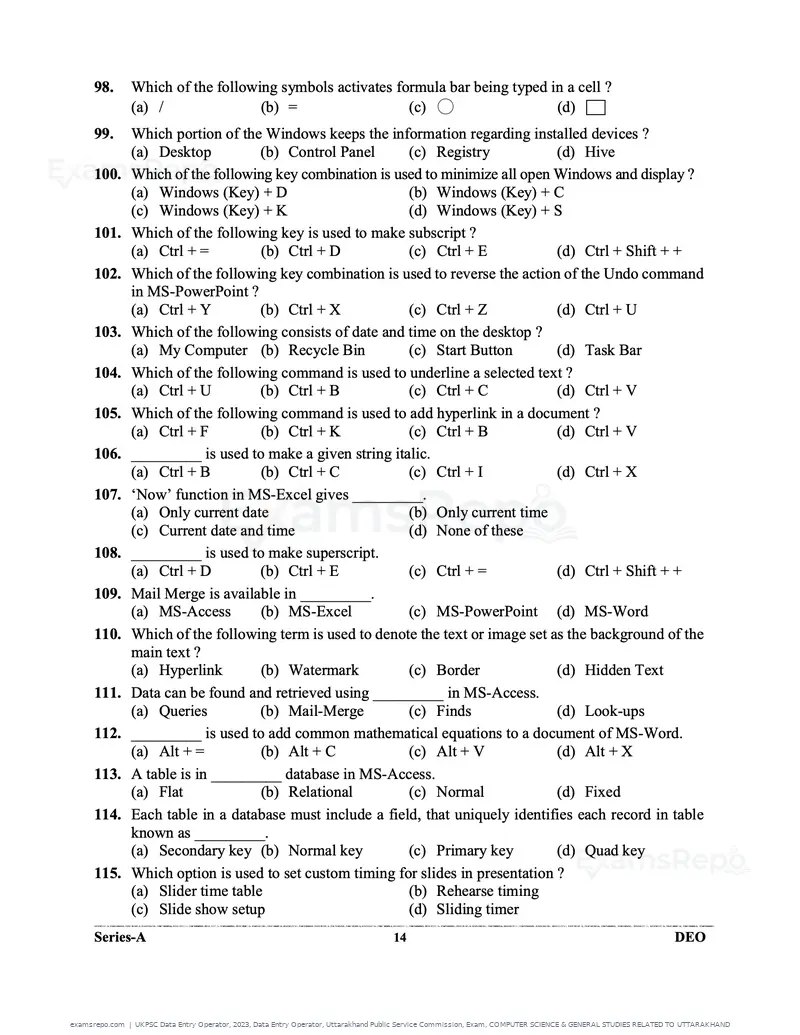 UKPSC Data Entry Operator 2023 question paper, Data Entry Operator, Uttarakhand Public Service Commission, Exam, COMPUTER SCIENCE & GENERAL STUDIES RELATED TO UTTARAKHAND, page 14 of 32