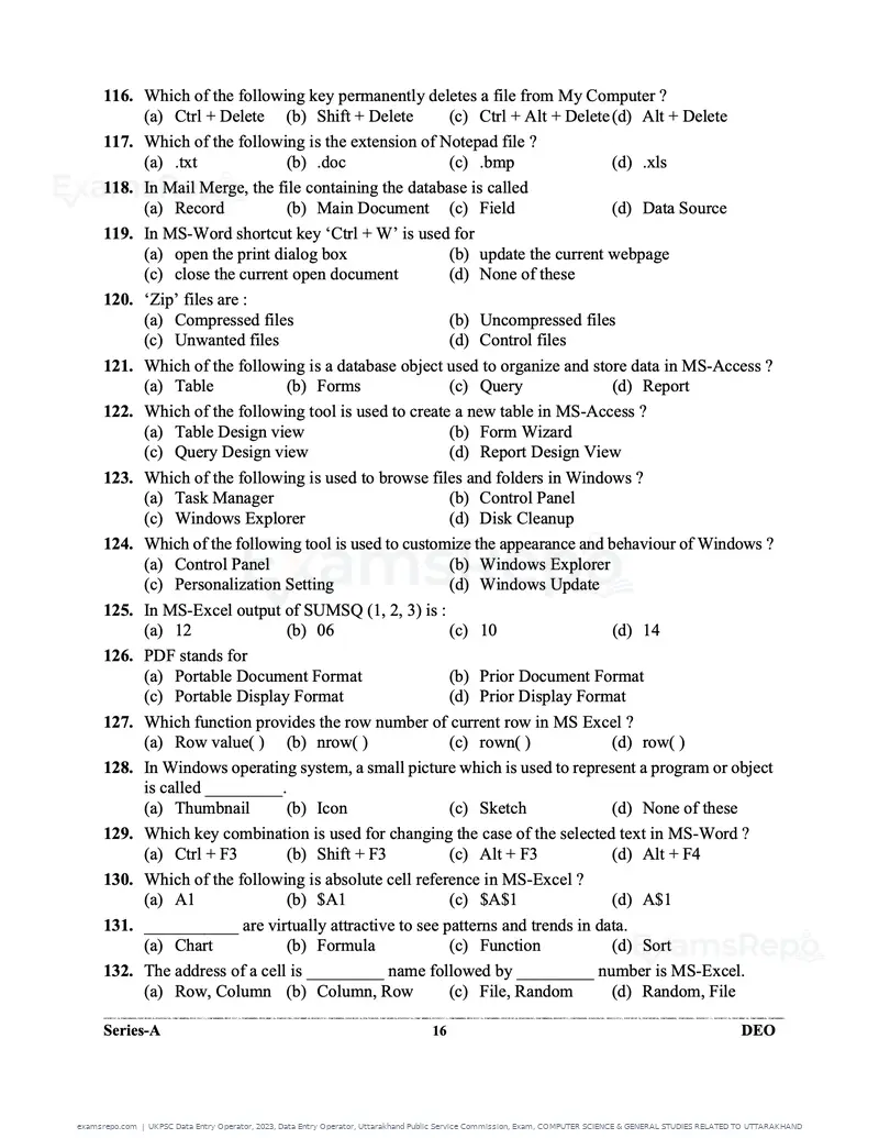 UKPSC Data Entry Operator 2023 question paper, Data Entry Operator, Uttarakhand Public Service Commission, Exam, COMPUTER SCIENCE & GENERAL STUDIES RELATED TO UTTARAKHAND, page 16 of 32