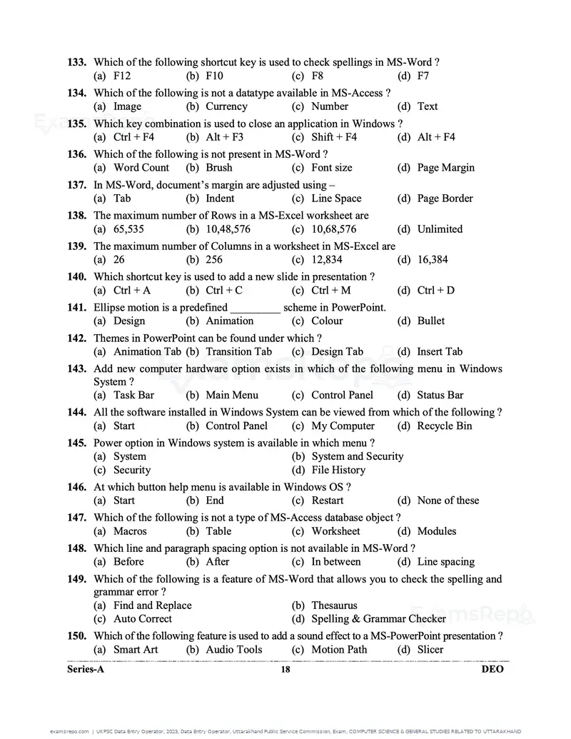 UKPSC Data Entry Operator 2023 question paper, Data Entry Operator, Uttarakhand Public Service Commission, Exam, COMPUTER SCIENCE & GENERAL STUDIES RELATED TO UTTARAKHAND, page 18 of 32