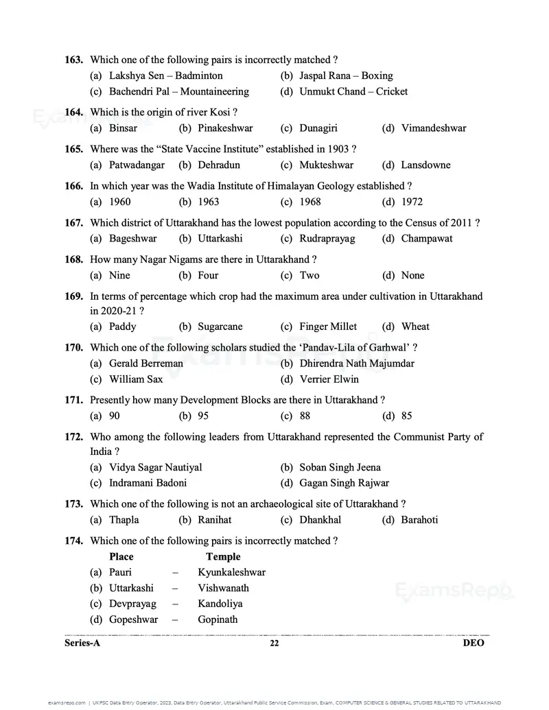UKPSC Data Entry Operator 2023 question paper, Data Entry Operator, Uttarakhand Public Service Commission, Exam, COMPUTER SCIENCE & GENERAL STUDIES RELATED TO UTTARAKHAND, page 22 of 32
