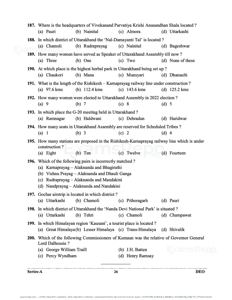 UKPSC Data Entry Operator 2023 question paper, Data Entry Operator, Uttarakhand Public Service Commission, Exam, COMPUTER SCIENCE & GENERAL STUDIES RELATED TO UTTARAKHAND, page 26 of 32