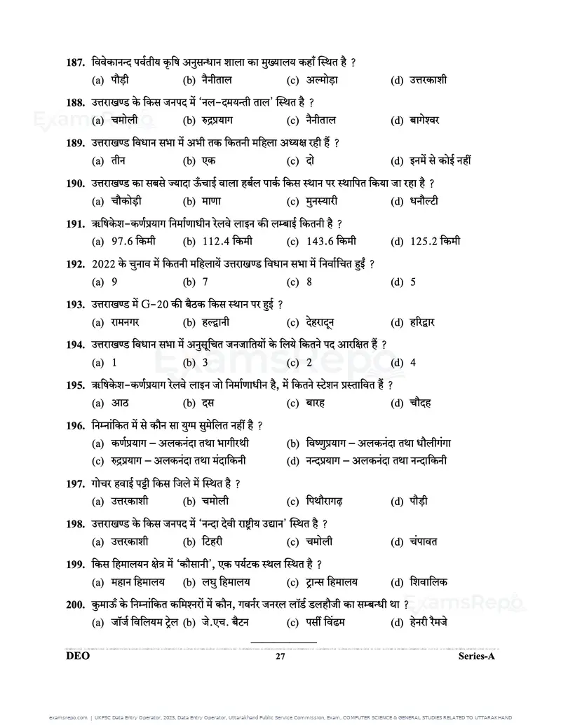UKPSC Data Entry Operator 2023 question paper, Data Entry Operator, Uttarakhand Public Service Commission, Exam, COMPUTER SCIENCE & GENERAL STUDIES RELATED TO UTTARAKHAND, page 27 of 32