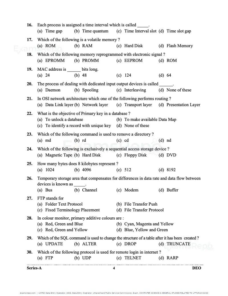 UKPSC Data Entry Operator 2023 question paper, Data Entry Operator, Uttarakhand Public Service Commission, Exam, COMPUTER SCIENCE & GENERAL STUDIES RELATED TO UTTARAKHAND, page 4 of 32