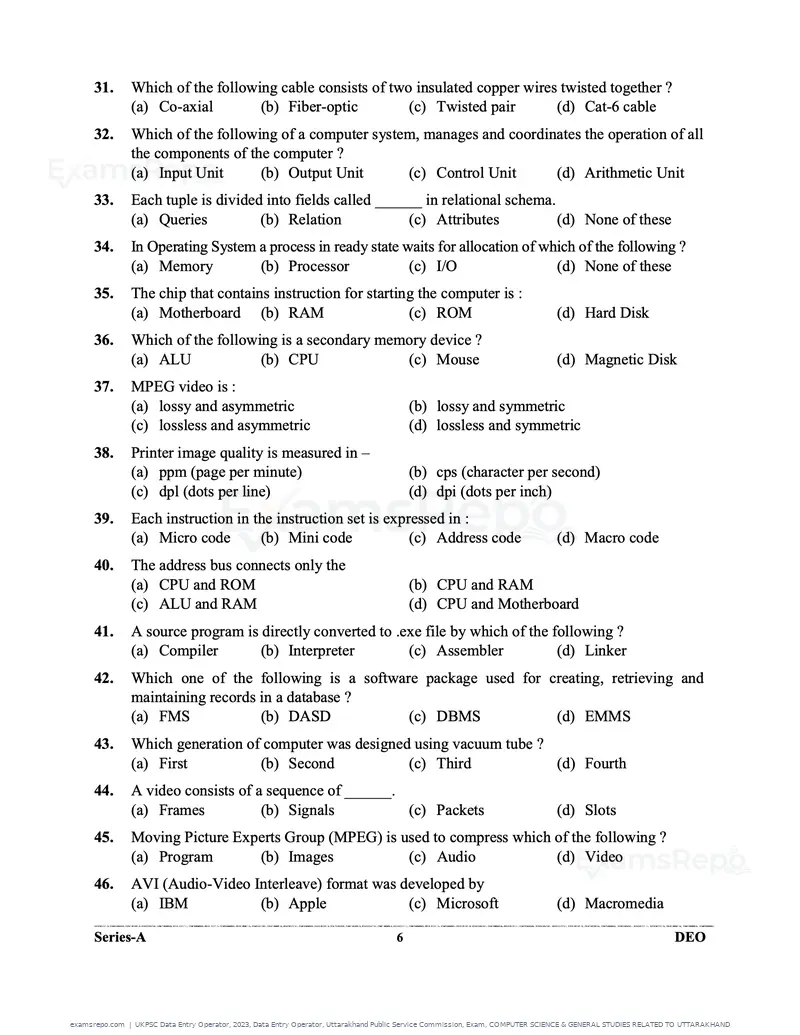 UKPSC Data Entry Operator 2023 question paper, Data Entry Operator, Uttarakhand Public Service Commission, Exam, COMPUTER SCIENCE & GENERAL STUDIES RELATED TO UTTARAKHAND, page 6 of 32