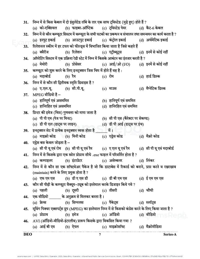 UKPSC Data Entry Operator 2023 question paper, Data Entry Operator, Uttarakhand Public Service Commission, Exam, COMPUTER SCIENCE & GENERAL STUDIES RELATED TO UTTARAKHAND, page 7 of 32