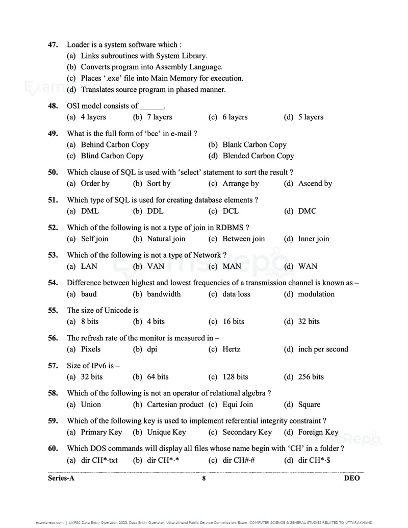 UKPSC Data Entry Operator 2023 question paper, Data Entry Operator, Uttarakhand Public Service Commission, Exam, COMPUTER SCIENCE & GENERAL STUDIES RELATED TO UTTARAKHAND, page 8 of 32