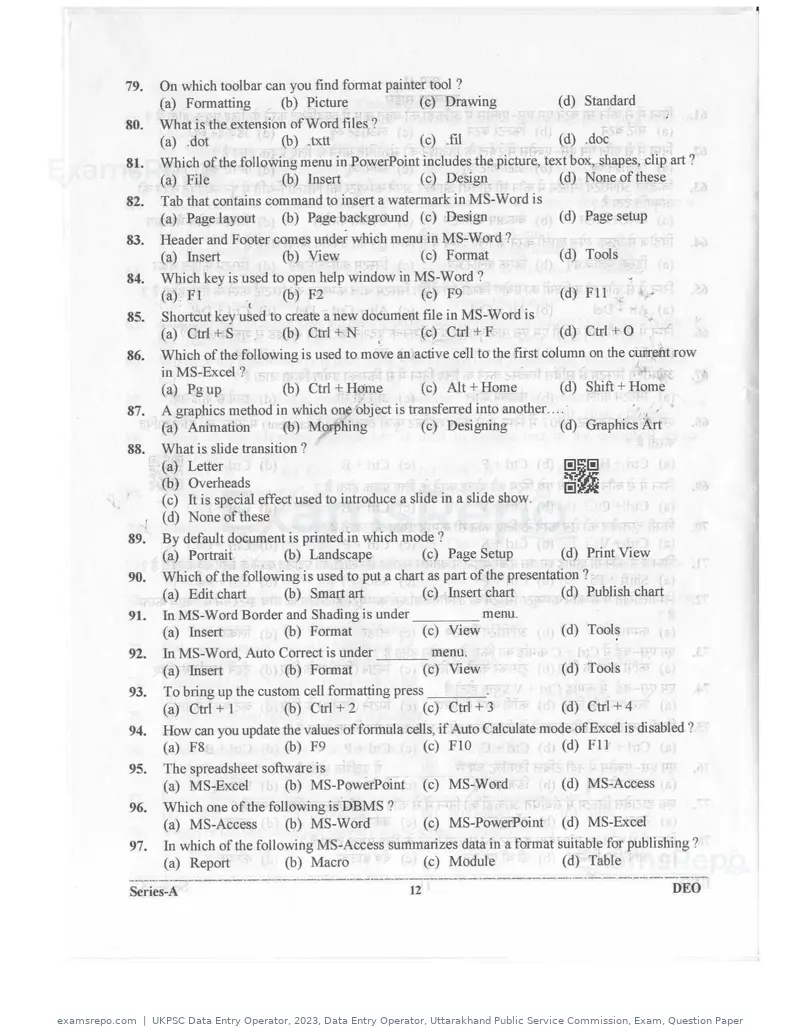 UKPSC Data Entry Operator 2023 question paper, Data Entry Operator, Uttarakhand Public Service Commission, Exam, Question Paper, page 11 of 26