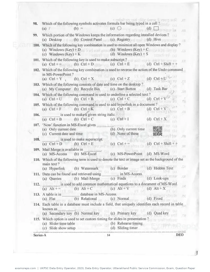 UKPSC Data Entry Operator 2023 question paper, Data Entry Operator, Uttarakhand Public Service Commission, Exam, Question Paper, page 13 of 26