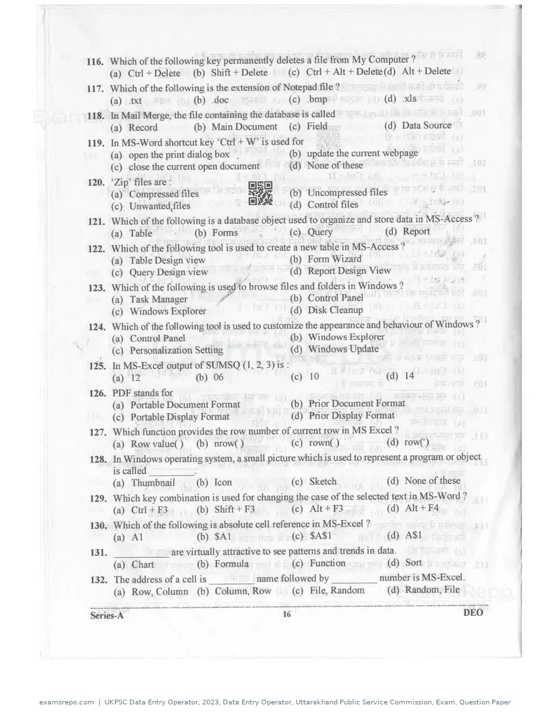 UKPSC Data Entry Operator 2023 question paper, Data Entry Operator, Uttarakhand Public Service Commission, Exam, Question Paper, page 15 of 26