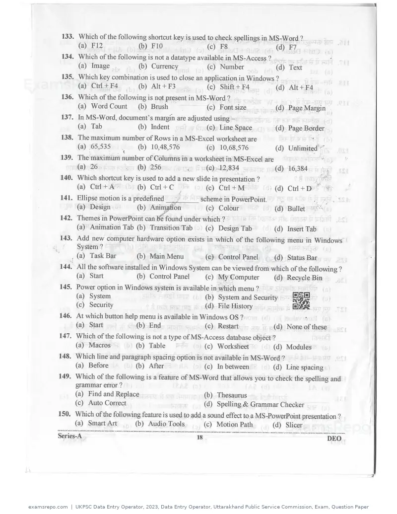 UKPSC Data Entry Operator 2023 question paper, Data Entry Operator, Uttarakhand Public Service Commission, Exam, Question Paper, page 17 of 26