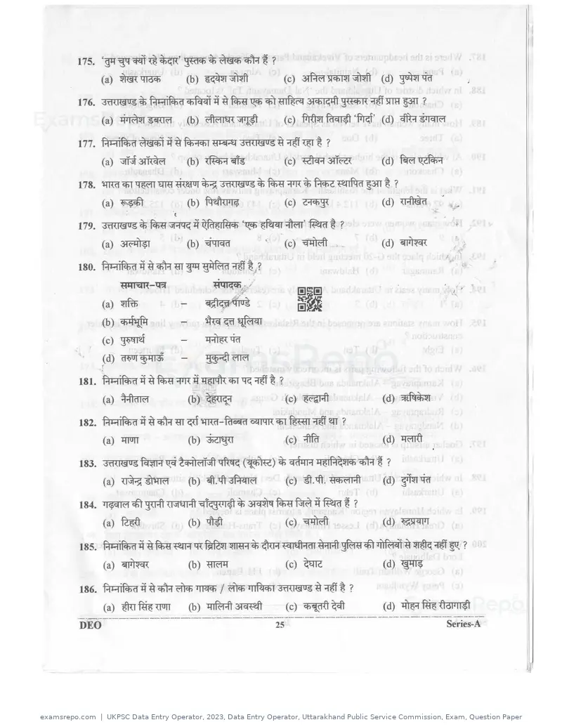 UKPSC Data Entry Operator 2023 question paper, Data Entry Operator, Uttarakhand Public Service Commission, Exam, Question Paper, page 24 of 26