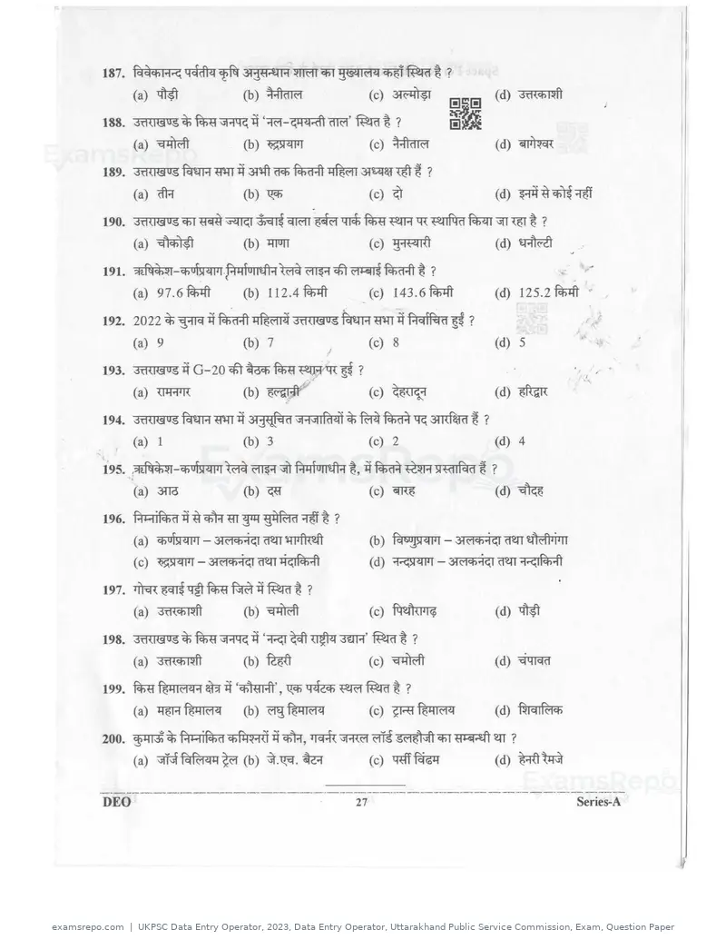 UKPSC Data Entry Operator 2023 question paper, Data Entry Operator, Uttarakhand Public Service Commission, Exam, Question Paper, page 26 of 26