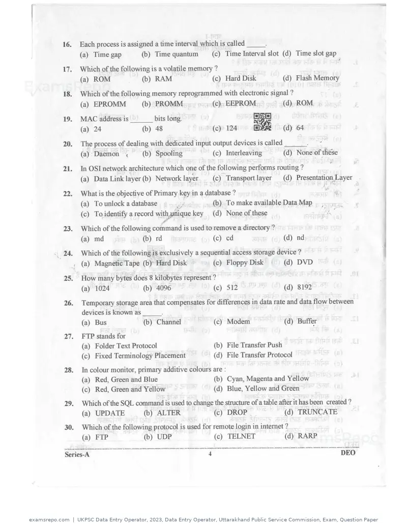 UKPSC Data Entry Operator 2023 question paper, Data Entry Operator, Uttarakhand Public Service Commission, Exam, Question Paper, page 3 of 26