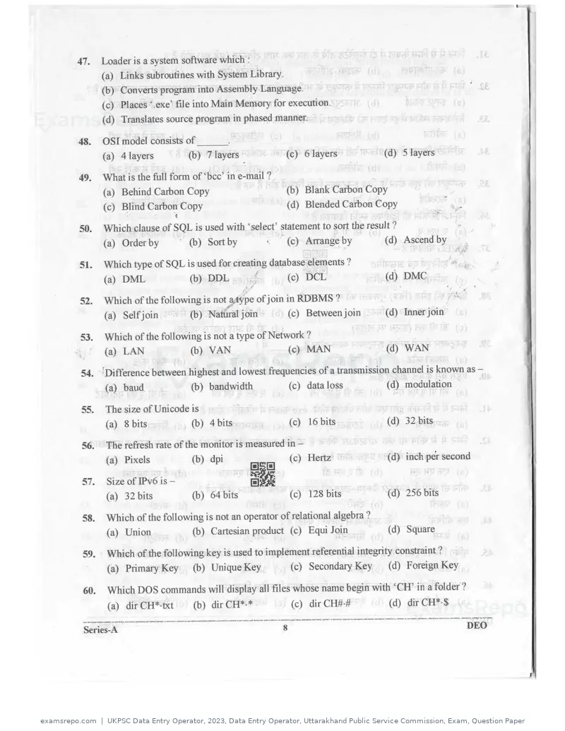 UKPSC Data Entry Operator 2023 question paper, Data Entry Operator, Uttarakhand Public Service Commission, Exam, Question Paper, page 7 of 26