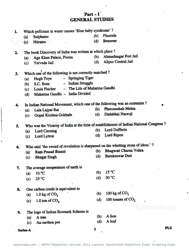 UKPSC Polytechnic Lecturer 2012 question paper, Lecturer, Government Polytechnic Exam, Screening Exam, page 2 of 40