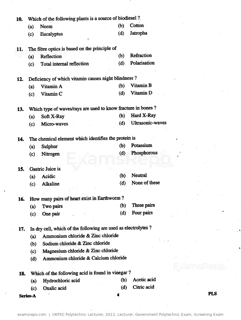 UKPSC Polytechnic Lecturer 2012 question paper, Lecturer, Government Polytechnic Exam, Screening Exam, page 4 of 40