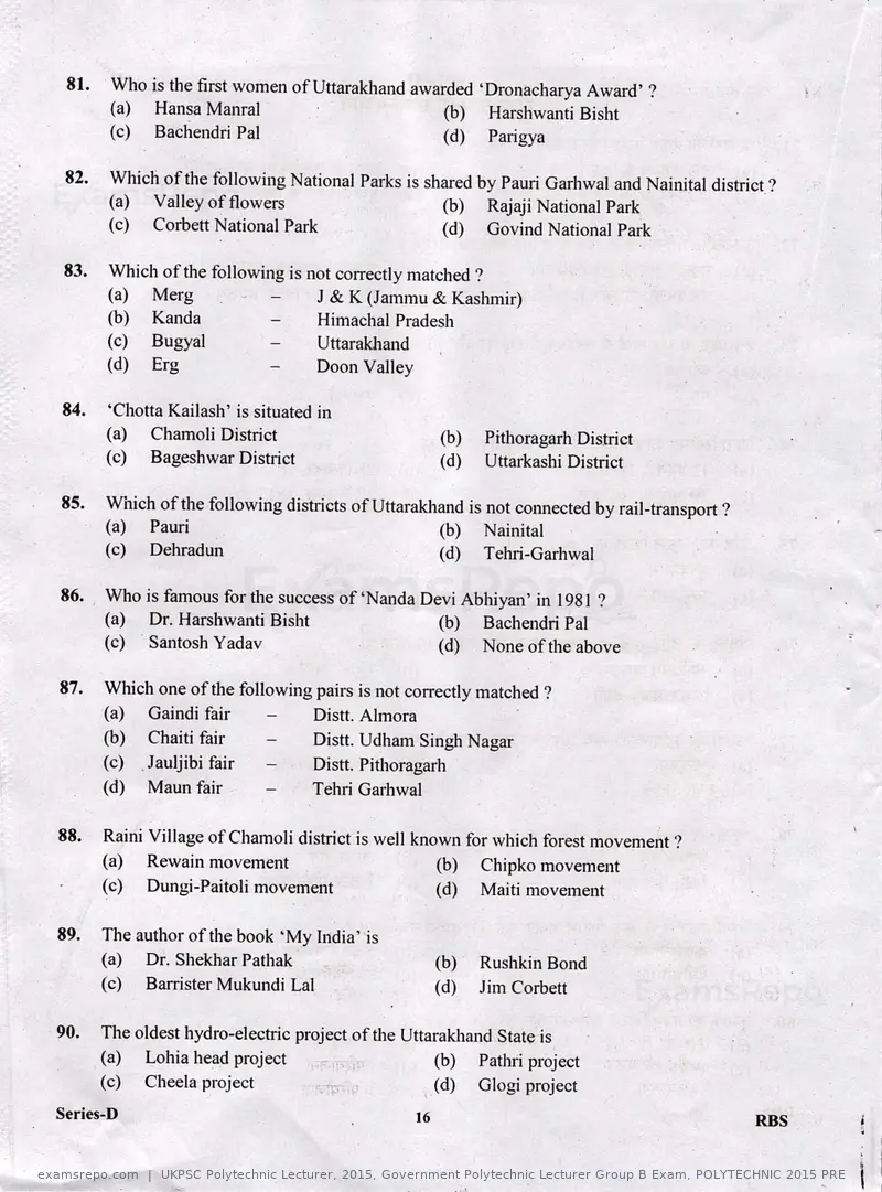 UKPSC Polytechnic Lecturer 2015 question paper, Government Polytechnic Lecturer Group B Exam, POLYTECHNIC 2015 PRE, page 16 of 32