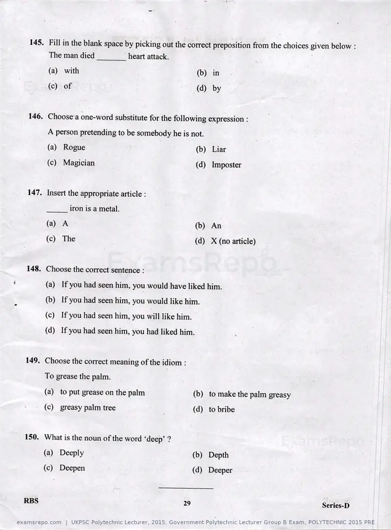 UKPSC Polytechnic Lecturer 2015 question paper, Government Polytechnic Lecturer Group B Exam, POLYTECHNIC 2015 PRE, page 29 of 32