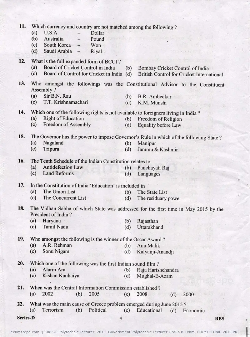 UKPSC Polytechnic Lecturer 2015 question paper, Government Polytechnic Lecturer Group B Exam, POLYTECHNIC 2015 PRE, page 4 of 32