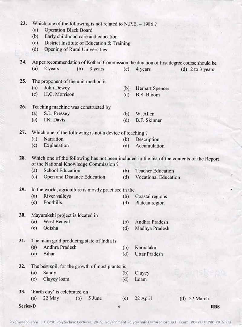 UKPSC Polytechnic Lecturer 2015 question paper, Government Polytechnic Lecturer Group B Exam, POLYTECHNIC 2015 PRE, page 6 of 32