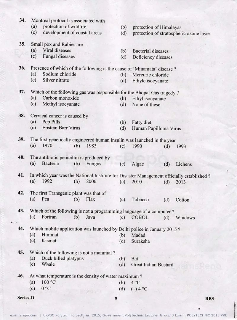 UKPSC Polytechnic Lecturer 2015 question paper, Government Polytechnic Lecturer Group B Exam, POLYTECHNIC 2015 PRE, page 8 of 32