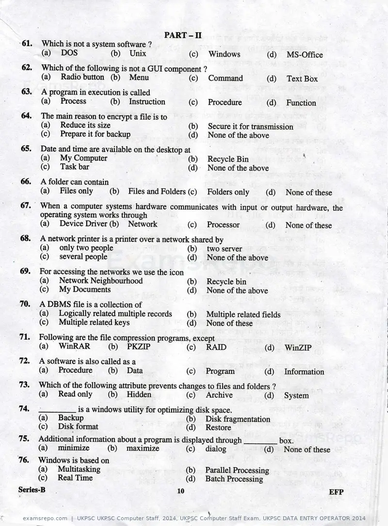 UKPSC UKPSC Computer Staff 2014 question paper, UKPSC Computer Staff Exam, UKPSC DATA ENTRY OPERATOR 2014, page 10 of 32
