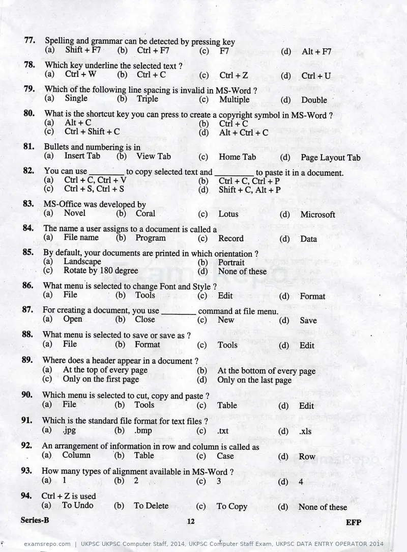 UKPSC UKPSC Computer Staff 2014 question paper, UKPSC Computer Staff Exam, UKPSC DATA ENTRY OPERATOR 2014, page 12 of 32