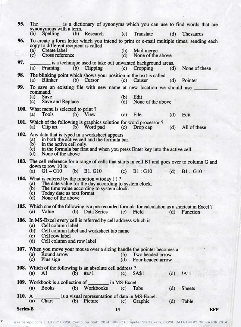 UKPSC UKPSC Computer Staff 2014 question paper, UKPSC Computer Staff Exam, UKPSC DATA ENTRY OPERATOR 2014, page 14 of 32