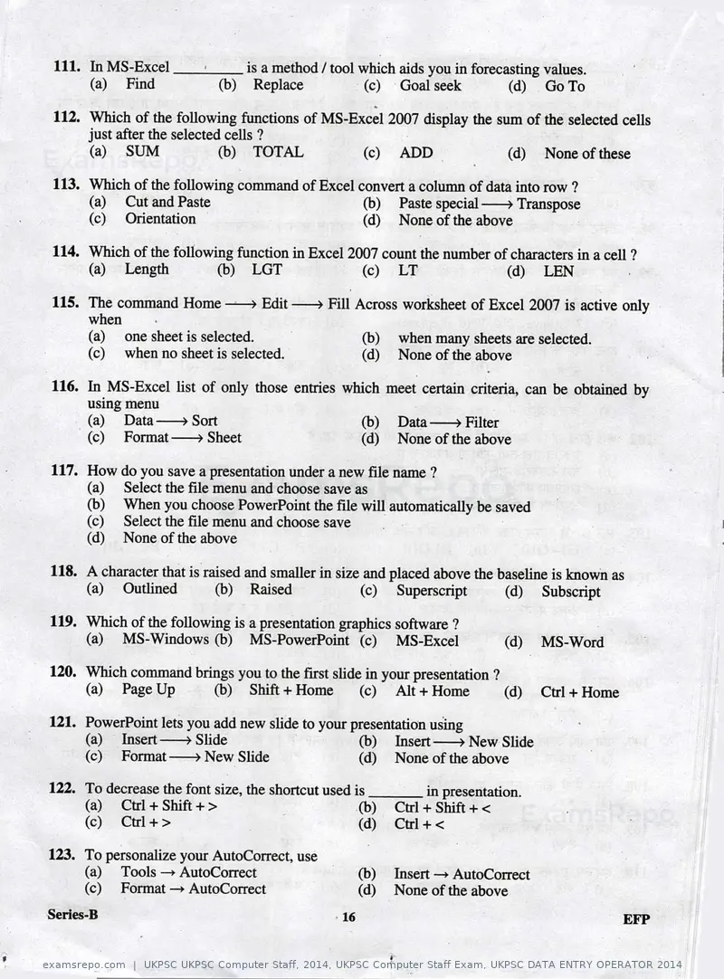 UKPSC UKPSC Computer Staff 2014 question paper, UKPSC Computer Staff Exam, UKPSC DATA ENTRY OPERATOR 2014, page 16 of 32