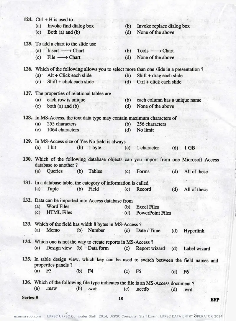 UKPSC UKPSC Computer Staff 2014 question paper, UKPSC Computer Staff Exam, UKPSC DATA ENTRY OPERATOR 2014, page 18 of 32