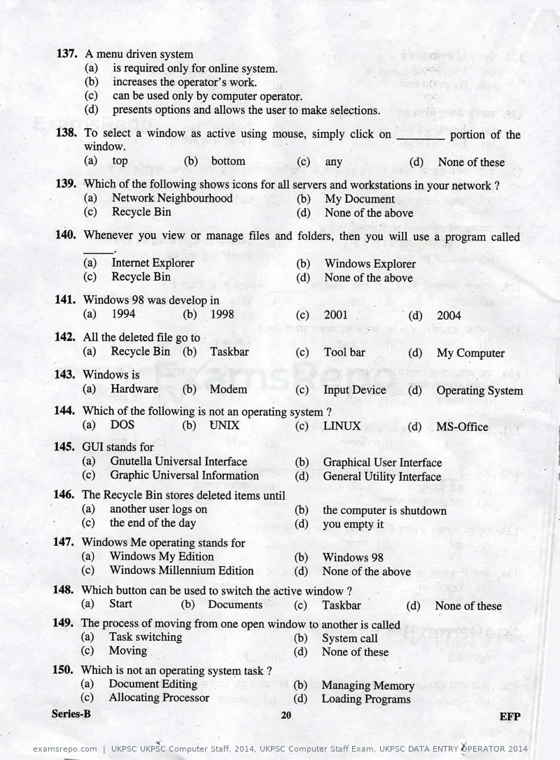 UKPSC UKPSC Computer Staff 2014 question paper, UKPSC Computer Staff Exam, UKPSC DATA ENTRY OPERATOR 2014, page 20 of 32