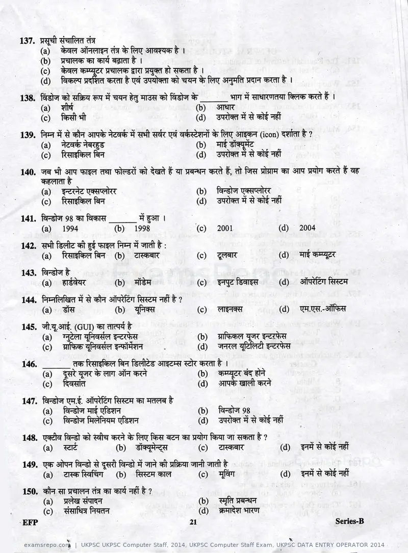 UKPSC UKPSC Computer Staff 2014 question paper, UKPSC Computer Staff Exam, UKPSC DATA ENTRY OPERATOR 2014, page 21 of 32