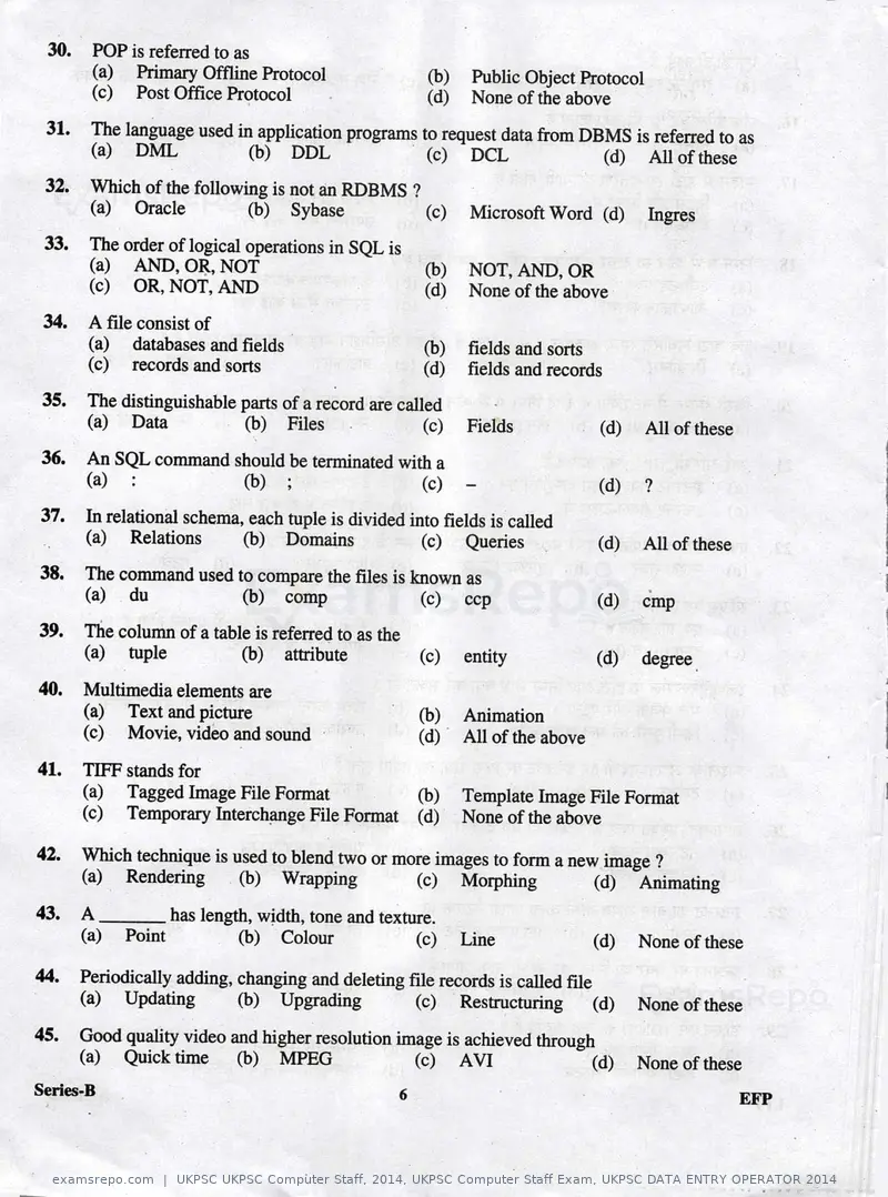 UKPSC UKPSC Computer Staff 2014 question paper, UKPSC Computer Staff Exam, UKPSC DATA ENTRY OPERATOR 2014, page 6 of 32