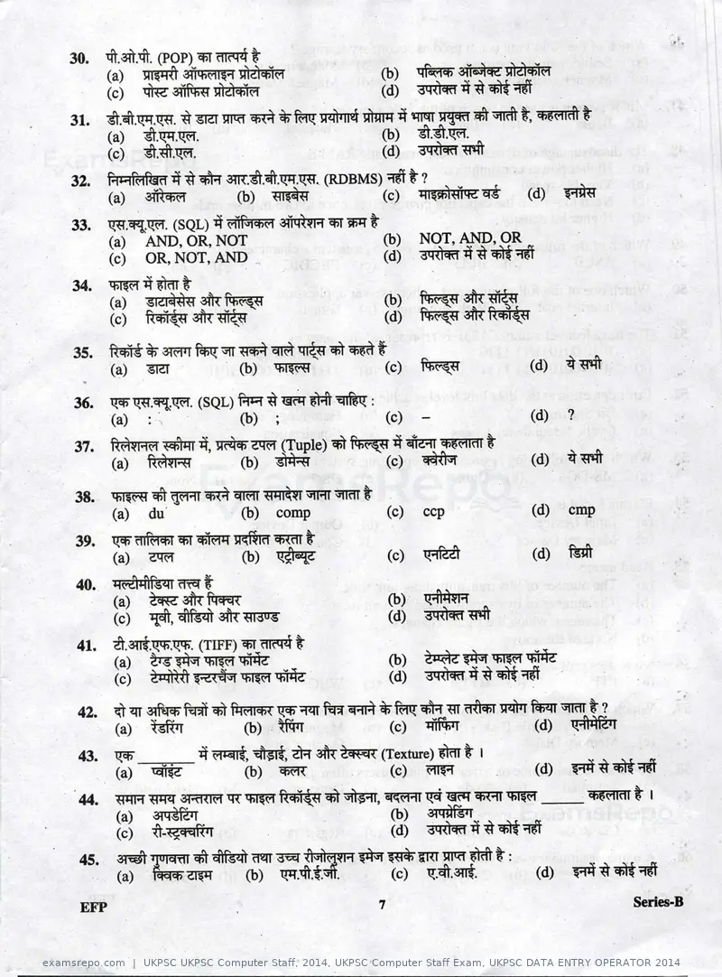UKPSC UKPSC Computer Staff 2014 question paper, UKPSC Computer Staff Exam, UKPSC DATA ENTRY OPERATOR 2014, page 7 of 32