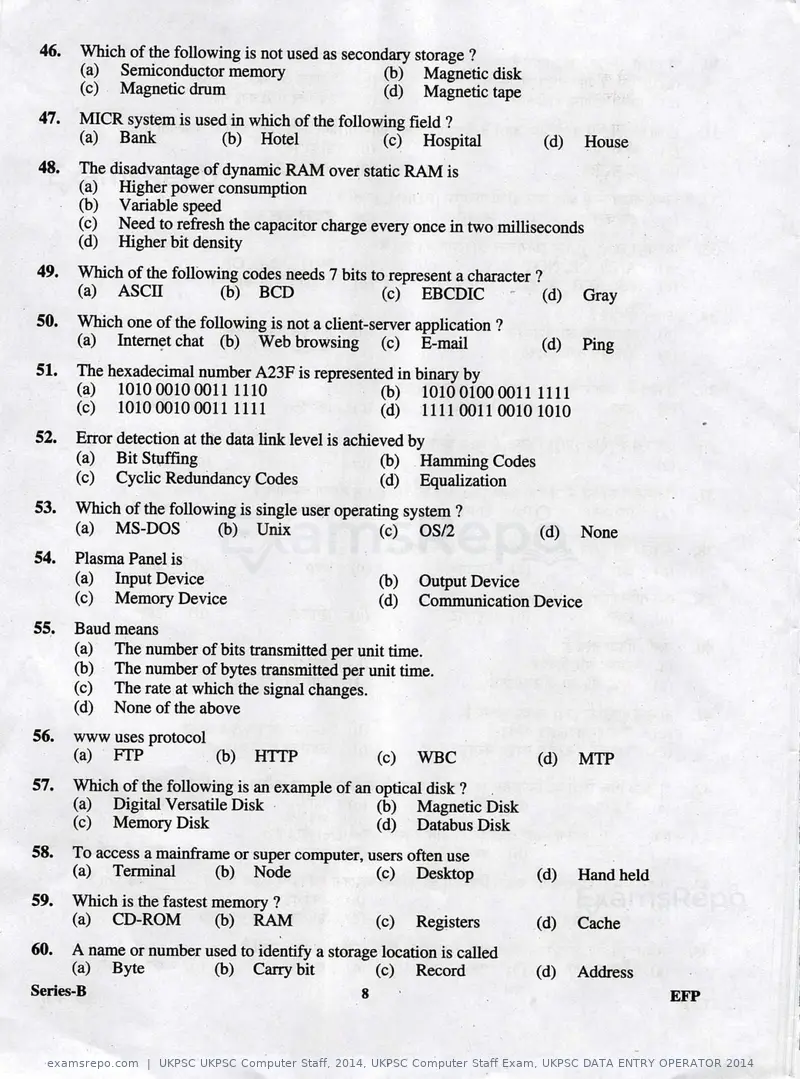 UKPSC UKPSC Computer Staff 2014 question paper, UKPSC Computer Staff Exam, UKPSC DATA ENTRY OPERATOR 2014, page 8 of 32