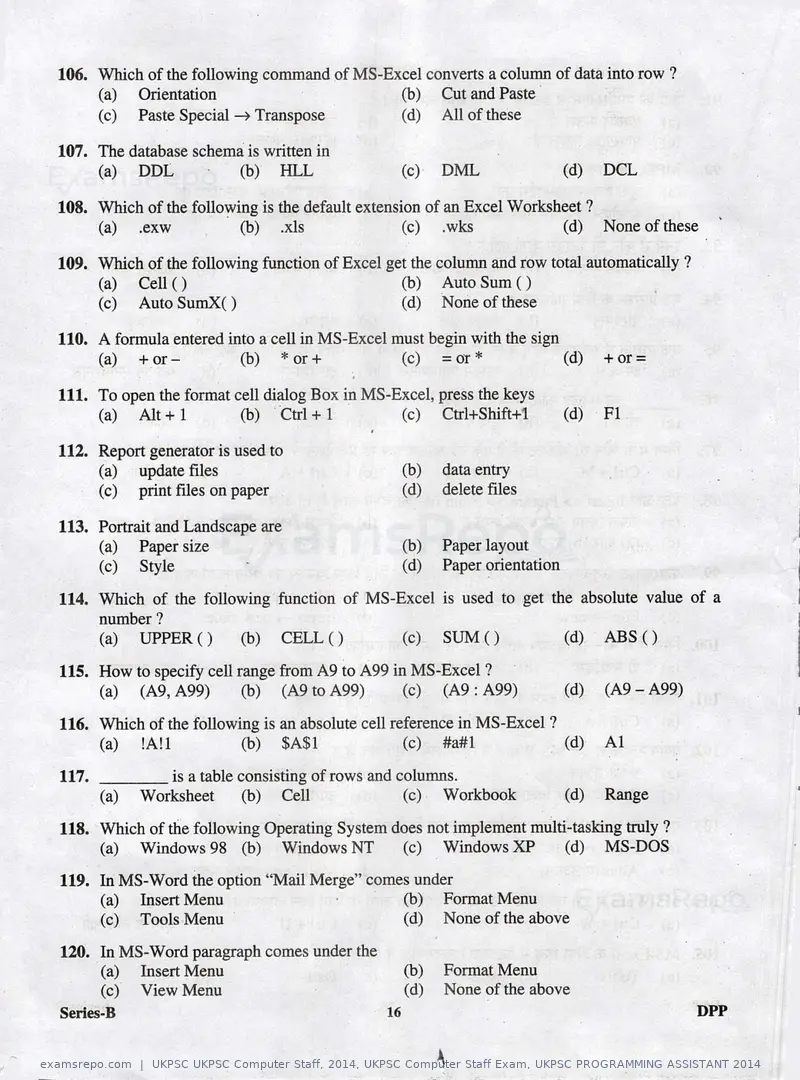 UKPSC UKPSC Computer Staff 2014 question paper, UKPSC Computer Staff Exam, UKPSC PROGRAMMING ASSISTANT 2014, page 16 of 32
