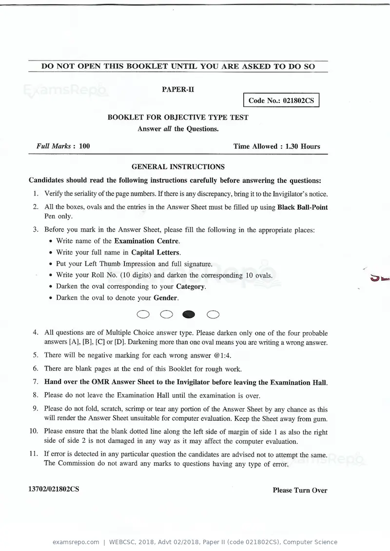 WEBCSC 2018 question paper, Advt 02/2018, Paper II (code 021802CS), Computer Science, page 1 of 11